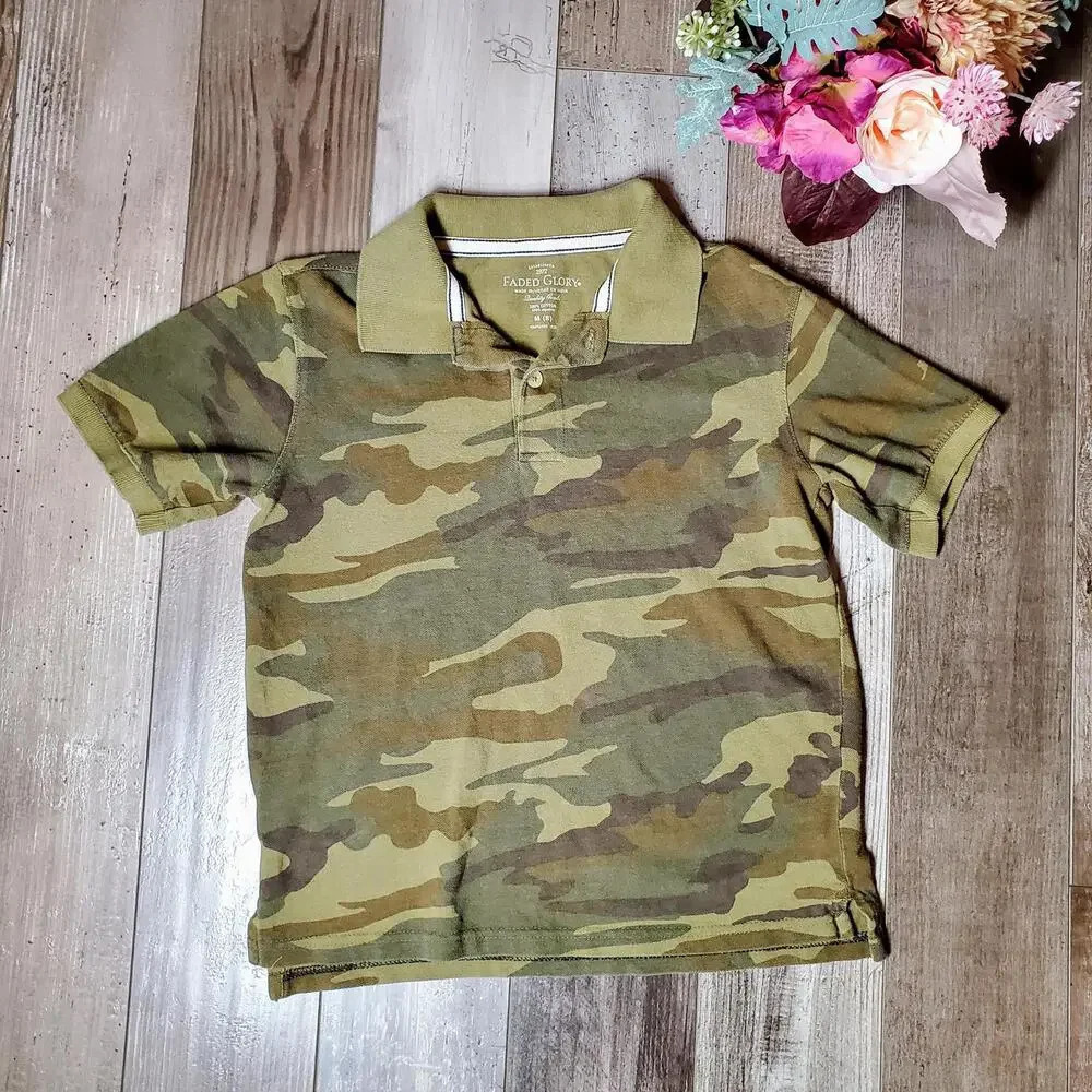Faded Glory Green Camo Boys Polo Shirts Size 8 Medium EUC